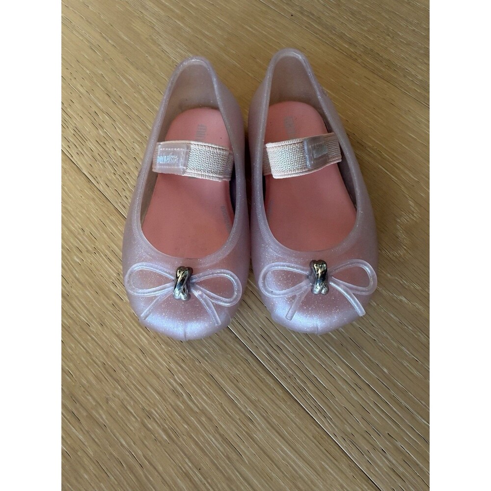 Girls Pink Mini Melissa Mary Jane Ballet Flats with Gold Accent and Bow Size 6c
